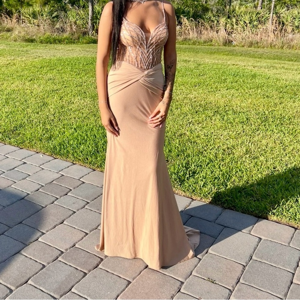 Chic Tan Prom Dress with Intricate Detailing